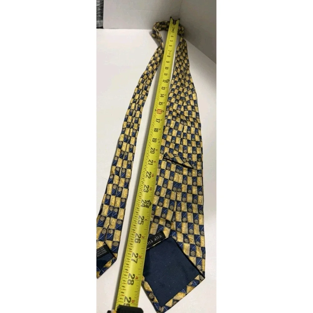 Citta Alta Mens Silk Necktie Gold Navy Blue Geometric Floral Medallion Check Tie